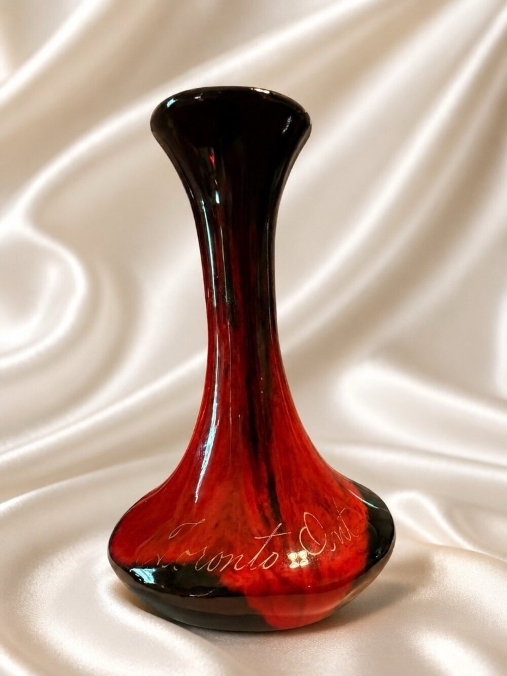 Vintage Canadian Studio Pottery Bud Vase Red Black Drip Glaze Toronto Ont 5” H